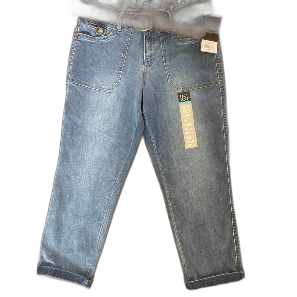 One5One Women's Cropped Jeans Size 10 Blue Denim Wide Leg Crop Belted High Rise